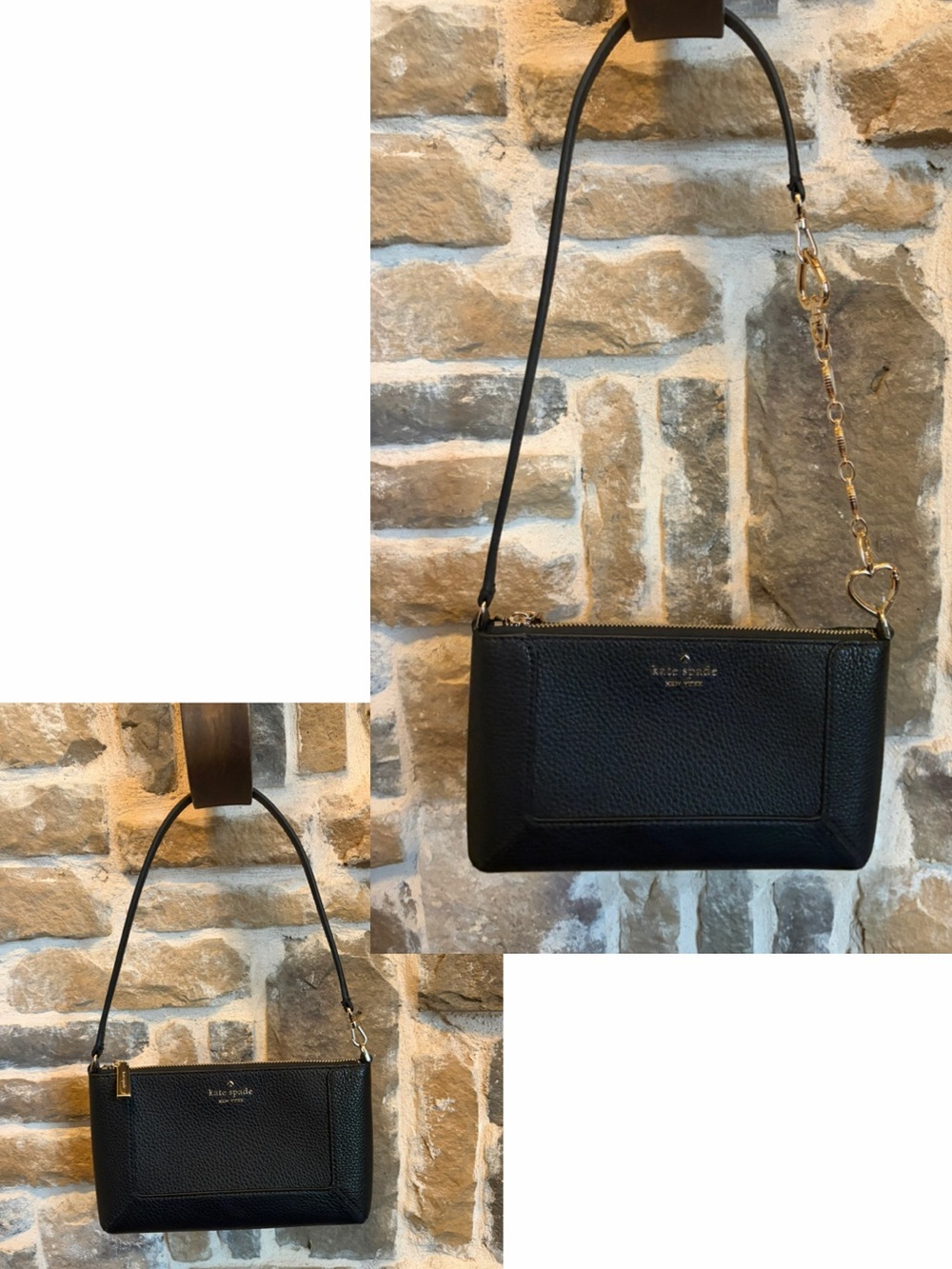 kate spade Black Pebbled Leather Crossbody with Pearl Chain